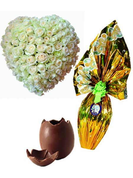 100 rose bianche con uovo di pasqua