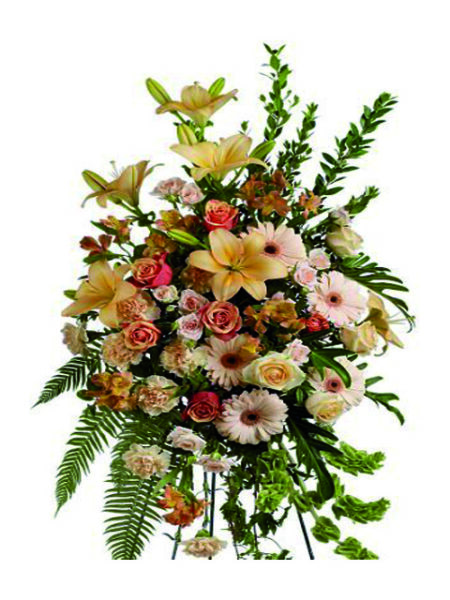 Cuscino funebre di fiori misti dai toni rosa beige