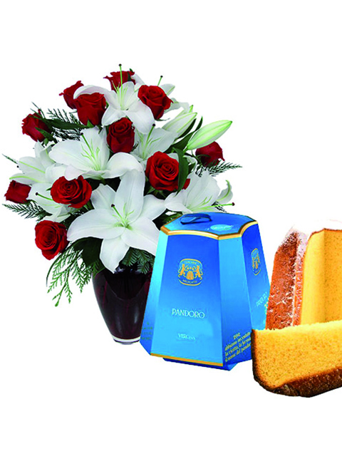 bouquet di rose-rosse-gigli-e-pandoro bouquet di rose rosse gigli e pandoro