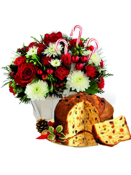 cesto natalizio con rose fiori e panettone