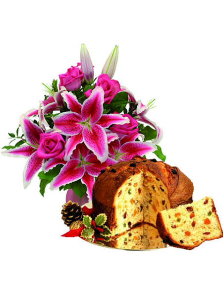 Bouquet di lilium e rose con panettone