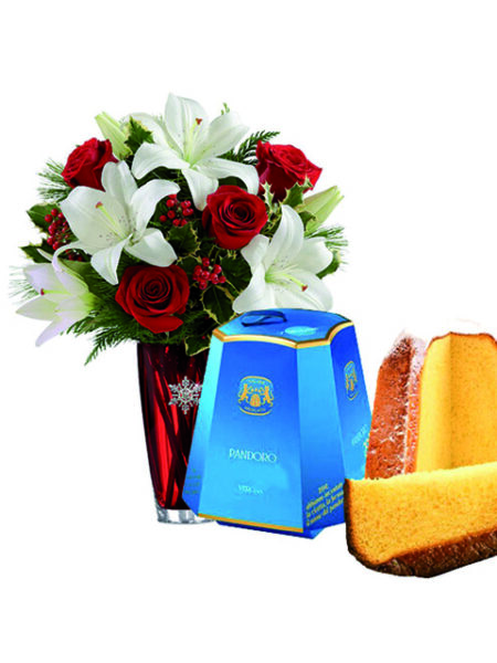 Rose rosse lilium e pandoro