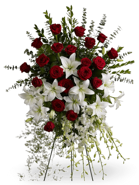 Cuscino funebre di rose rosse e gigli bianchi